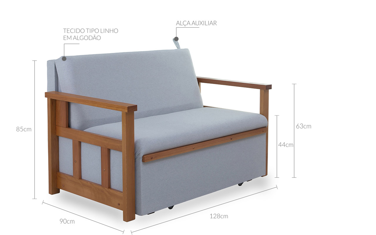 SOFÁ CAMA CASAL DE MADEIRA RETRÁTIL AKRO - BICAMA DE MADEIRA VERNIZ MEL  TECIDO CINZA - 128X90X85CM- Compre na Idea Store