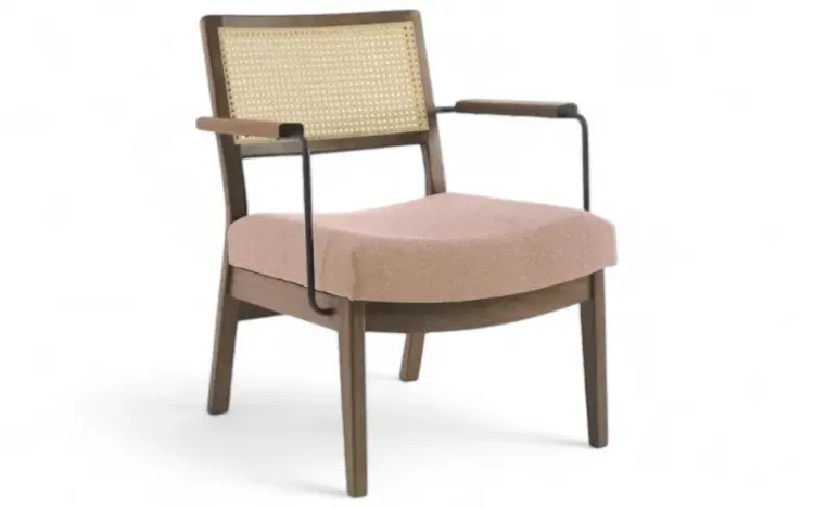 POLTRONA DE MADEIRA E PALHINHA DECORATIVA LAVANDA AÇO PRETO VERNIZ CAPUCCINO TEC.169 ROSA 63,5X64X78 CM