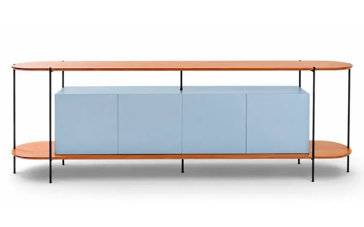 BUFFET APARADOR MODERNO 4 PORTAS AZUL SERENO TAMPO EM TAUARI NATURAL E P&Eacute;S DE METAL MOOB 220X35X75,5 CM