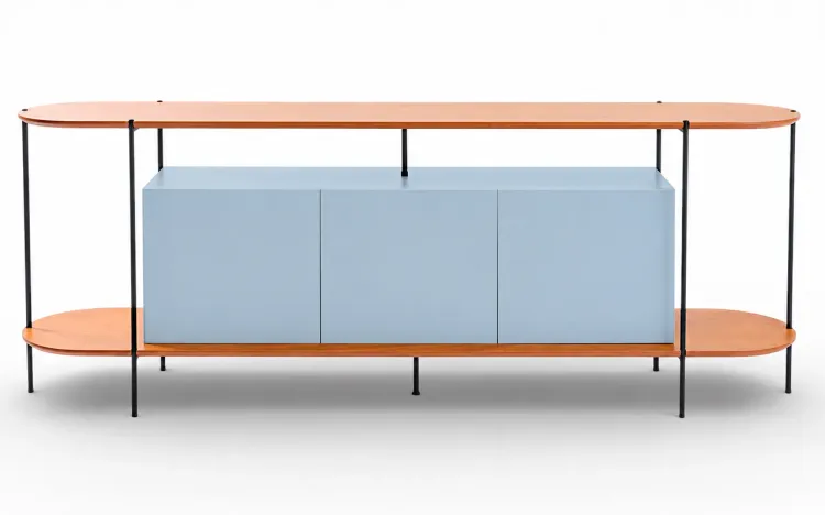 BALC&Atilde;O BUFFET MODERNO 3 PORTAS AZUL SERENO TAMPO EM TAUARI NATURAL E P&Eacute;S DE METAL MOOB 180X35X75,5 CM