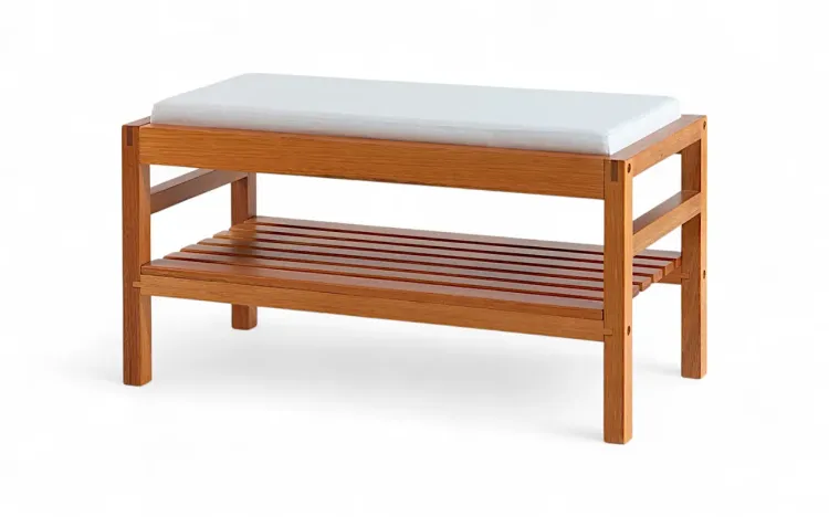 BANQUINHO COM PRATELEIRA KERB VERNIZ JATOBÁ TEC. ALGODÃO OFF WHITE 90X40X48CM