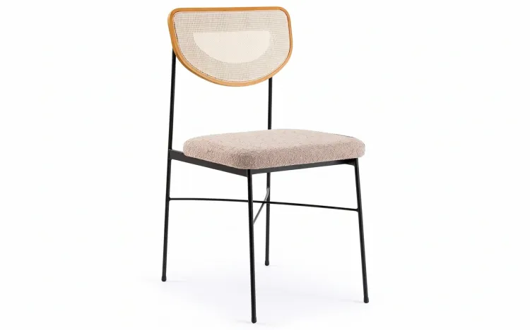 CADEIRA TELINHA E METAL PARA MESA DE JANTAR CHLOE VERNIZ AMÊNDOA E TEC. BOUCLE BEGE 44X57X87 CM