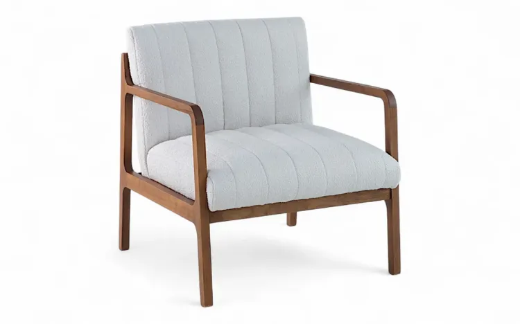 POLTRONA PARA RECEPÇÃO ESTOFADA CANELA VERNIZ PINHÃO TEC. BOUCLE OFF WHITE 69X71X79 CM