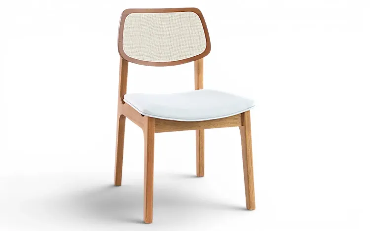 CADEIRA PARA MESA DE JANTAR ESTOFADA COM PALHINHA ALVA VERNIZ AMÊNDOA TEC. ALGODÃO OFF WHITE 49,5x55x83 CM