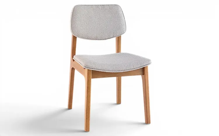 CADEIRA PARA MESA DE JANTAR ESTOFADA ALVA VERNIZ AM&Ecirc;NDOA TEC. BOUCLE BEGE 46x56,5x85,5 CM