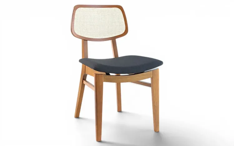 CADEIRA PARA SALA  JANTAR ESTOFADA COM PALHINHA SPARTA VERNIZ AMENDOA TEC. ALGODÃO PRETO 46x56,5x85,5 CM