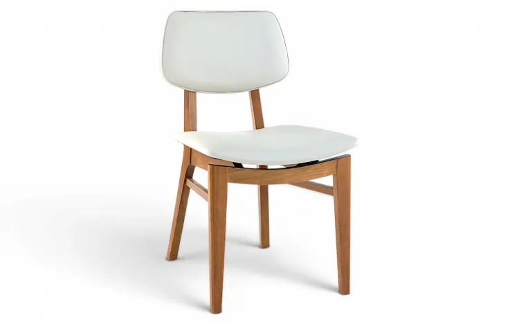 CADEIRA ESTOFADA DE MADEIRA MACIÇA SPARTA VERNIZ AMENDOA E TEC. CORINO OFF WHITE 46x56,5x85,5 CM