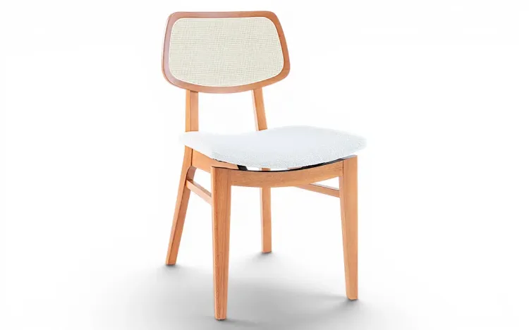 CADEIRA ESTOFADA COM ENCOSTO ANATOMICO PALHINHA SPARTA VERNIZ JATOBÁ TEC. BOUCLE OFF WHITE 46x56,5x85,5 CM