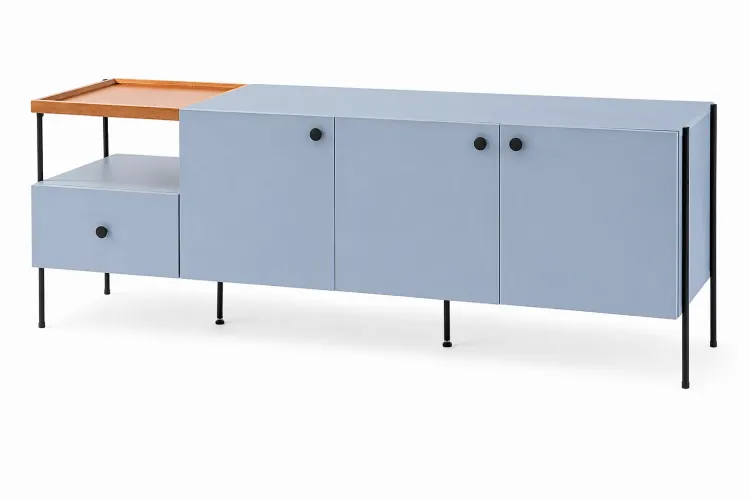 RACK PARA TV P&Eacute;S DE METAL 3 PORTAS COM GAVETA TRAY MDF AZUL SERENO 162,5X41,5X56 CM