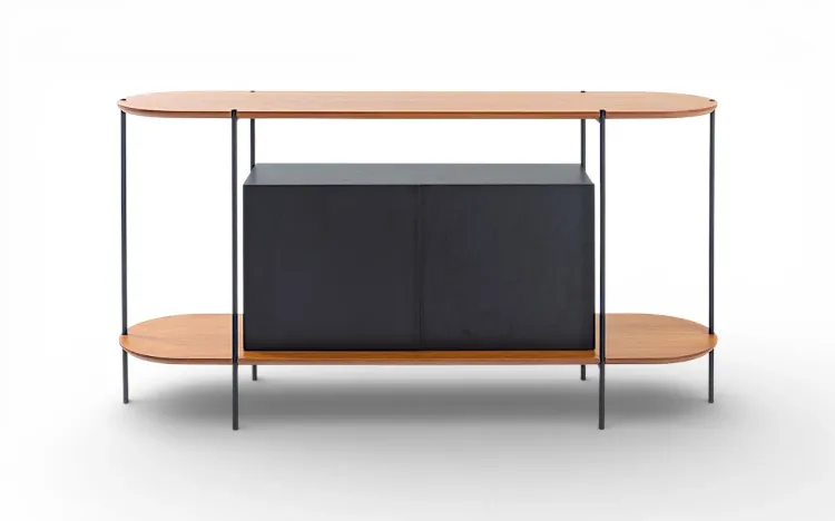 BUFFET APARADOR MODERNO 2 PORTAS PRETO TAMPO EM TAUARI NATURAL E PÉS DE METAL MOOB 140X35X75,5 CM