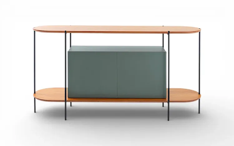 BUFFET APARADOR MODERNO 2 PORTAS VERDE MUSGO TAMPO EM TAUARI NATURAL E P&Eacute;S DE METAL MOOB 140X35X75,5 CM