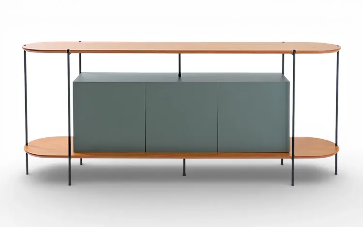 BUFFET APARADOR MODERNO 3 PORTAS VERDE MUSGO TAMPO EM TAUARI NATURAL E P&Eacute;S DE METAL MOOB 180X35X75,5 CM