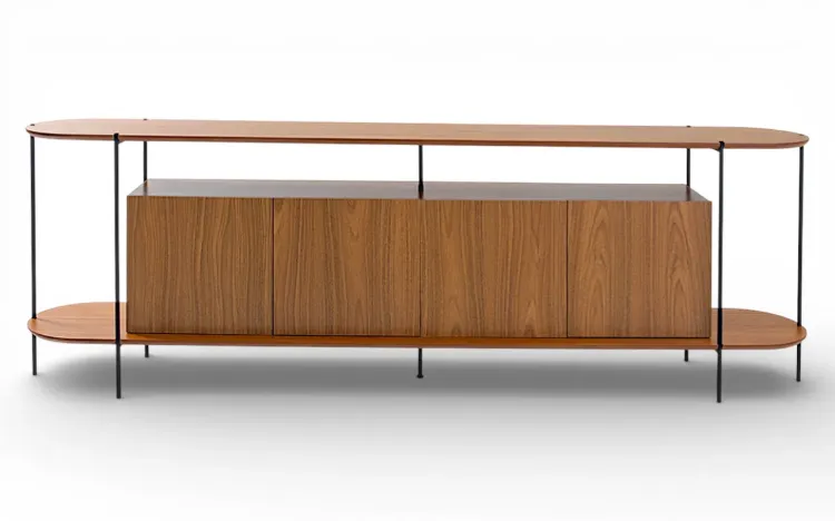 APARADOR BUFFET CONTEMPOR&Acirc;NEO 4 PORTAS EM MDF FREIJ&Oacute; TAMPO EM MADEIRA TAUARI E P&Eacute;S DE METAL MOOB 220X35X75,5 CM