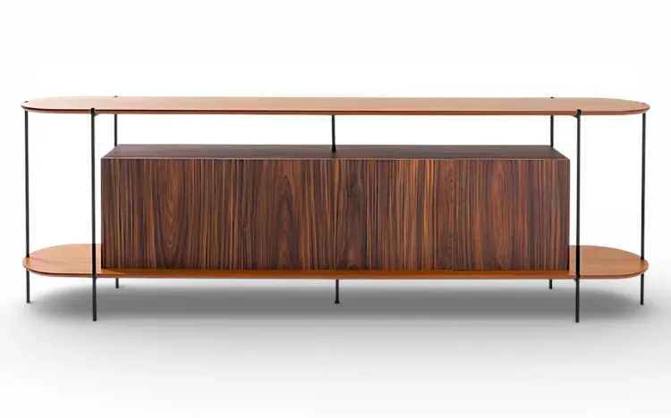 BALC&Atilde;O BUFFET 4 PORTAS CONTEMPOR&Acirc;NEO PAU FERRO TAMPO EM TAUARI NATURAL E P&Eacute;S DE METAL MOOB 220X35X75,5 CM