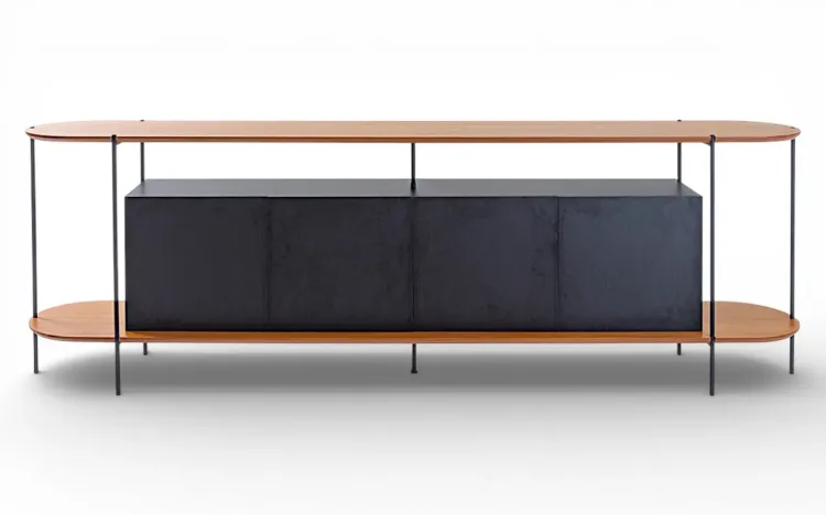 BUFFET APARADOR MODERNO 4 PORTAS PRETO TAMPO EM TAUARI NATURAL E P&Eacute;S DE METAL MOOB 220X35X75,5 CM