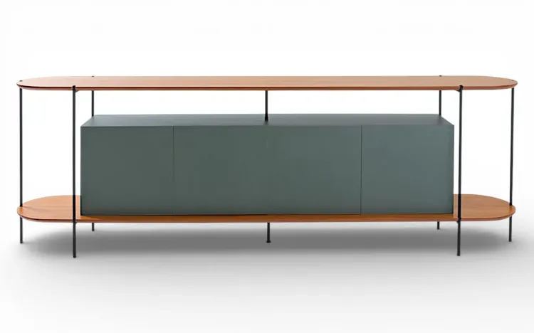 BUFFET APARADOR MODERNO 4 PORTAS VERDE MUSGO TAMPO EM TAUARI NATURAL E P&Eacute;S DE METAL MOOB 220X35X75,5 CM