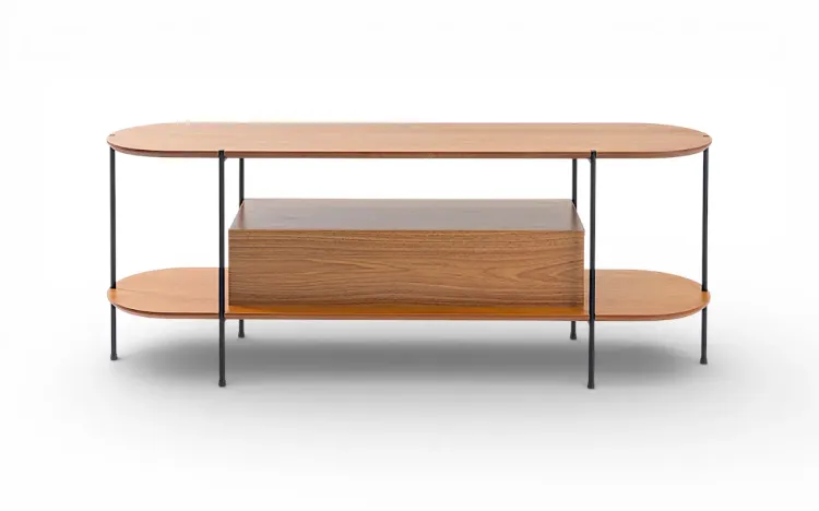 RACK PARA TV MODERNO FREIJ&Oacute; TAMPO EM MADEIRA NATURAL TAUARI E P&Eacute;S DE METAL MOOB  140X35X54CM