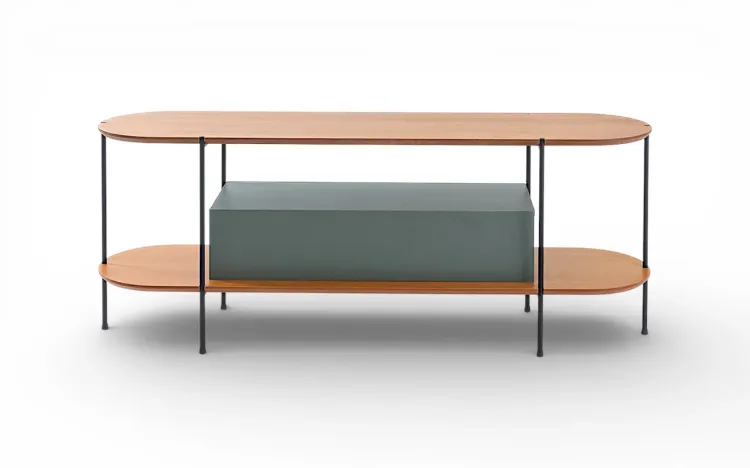 RACK TV CONTEMPORÂNEO EM MDF VERDE MUSGO TAMPO EM MADEIRA NATURAL TAUARI E PÉS DE METAL MOOB  140X35X54CM