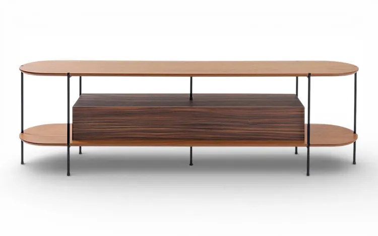 RACK PARA SALA DE ESTAR PAU FERRO TAMPO EM MADEIRA NATURAL TAUARI E P&Eacute;S DE METAL MOOB  180X35X54CM