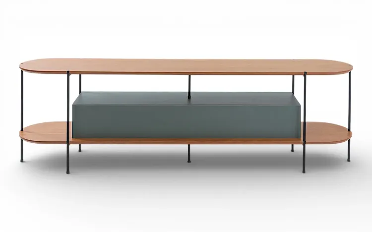 RACK TV CONTEMPORÂNEO EM MDF VERDE MUSGO TAMPO EM MADEIRA NATURAL TAUARI E PÉS DE METAL MOOB  180X35X54CM