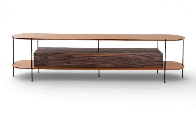 RACK PARA TV GRANDE PAU FERRO TAMPO EM MADEIRA NATURAL TAUARI E P&Eacute;S DE METAL MOOB  2200X35X54CM