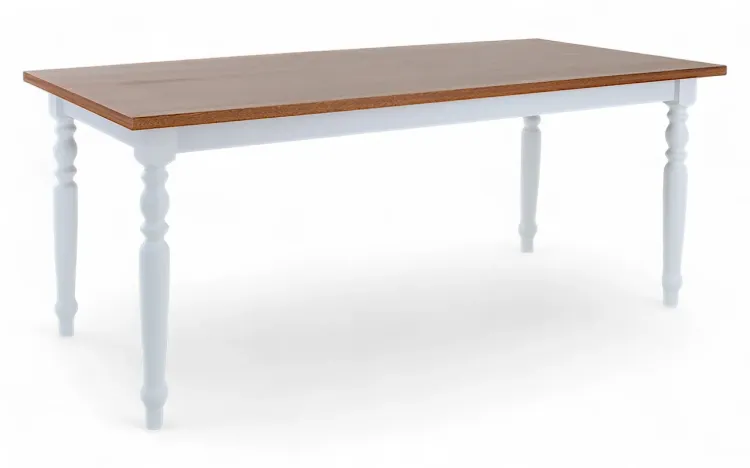 MESA PARA JANTAR COM PÉS TORNEADOS DE MADEIRA MACIÇA CAMPESINA 180X80X75 CM VERNIZ AMÊNDOA E PÉS BRANCO
