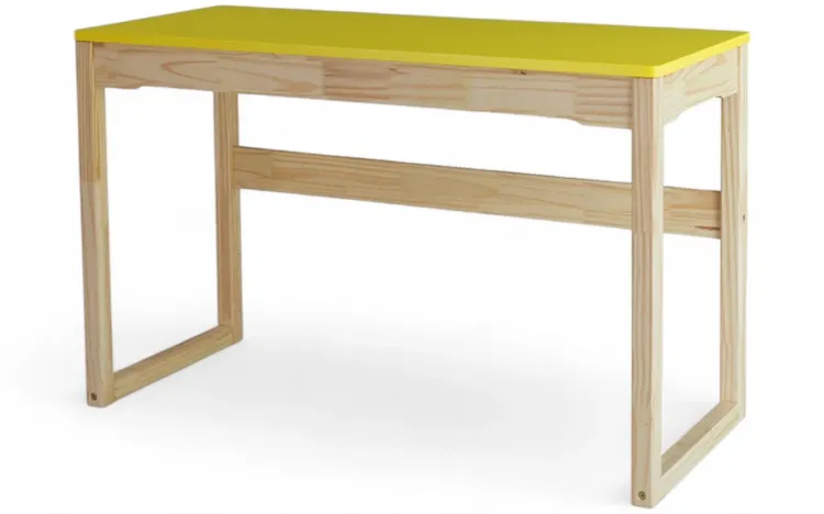 MESA DE ESTUDO OLGA ACABAMENTO VERNIZ NATURAL E TAMPO AMARELO 121X51,3X75 CM 