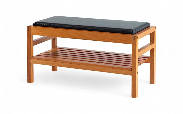 BANCO ESTOFADO PARA HALL DE ENTRADA KERB VERNIZ JATOBÁ TEC. COURO SINTÉTICO PRETO 90X40X48CM