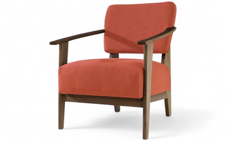 POLTRONA MODERNA DE MADEIRA COM PÉS PALITO ESTOFADA E COM BRAÇOS SALMÃO SAMAMBAIA VERNIZ CAPUCCINO TEC.918 - 72x66x82 CM