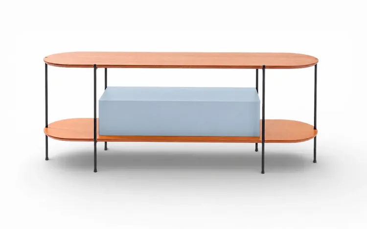 RACK PARA SALA DE ESTAR MDF AZUL SERENO E TAMPO EM MADEIRA NATURAL TAUARI E PÉS DE METAL MOOB  140X35X54CM