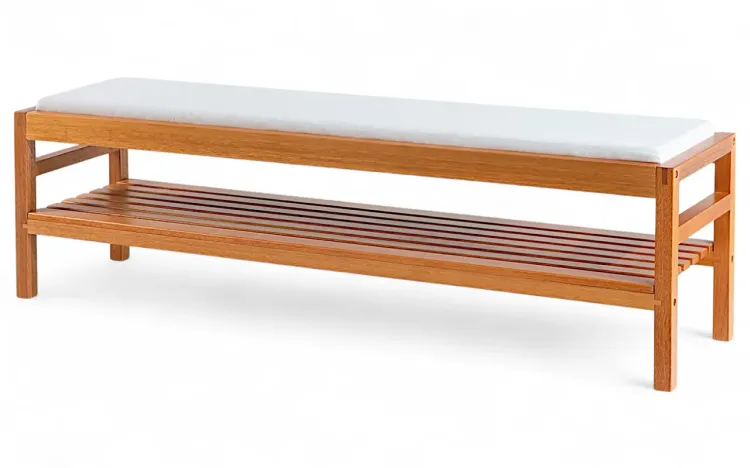 BANCO COM PRATELEIRA ESTOFADO MAIOR KERB VERNIZ JATOBÁ TEC. ALGODÃO OFF WHITE 160X40X48CM